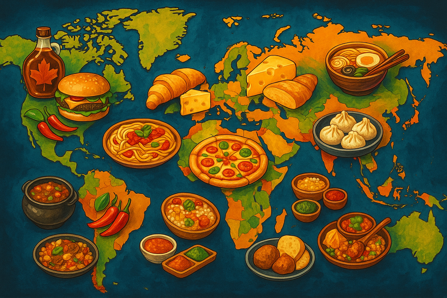 international foods from various parts of the world on a map