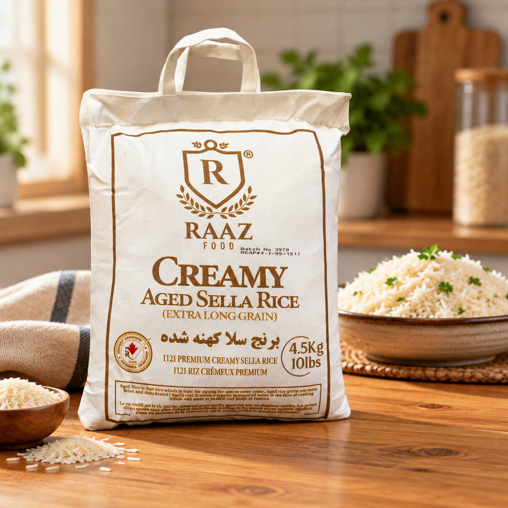 Create a photorealistic, high-end commercial lifestyle photograph of Raaz Creamy Aged Sella Rice 10lb, suitable for a pr