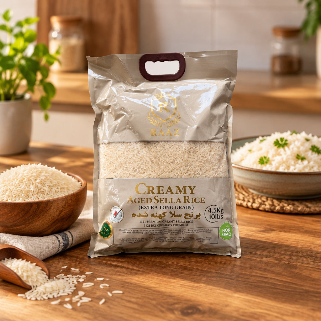 Create a photorealistic, high-end commercial lifestyle photograph of 1121 Premium Creamy Long Aged Sella Rice, suitable