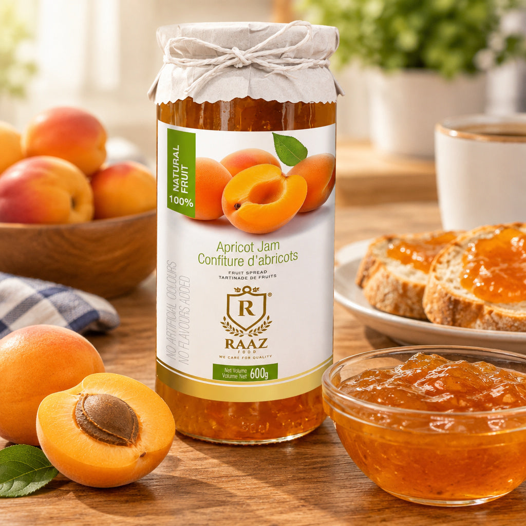 Create a photorealistic, high-end commercial lifestyle photograph for Apricot 600g Jam bottle, using the uploaded image