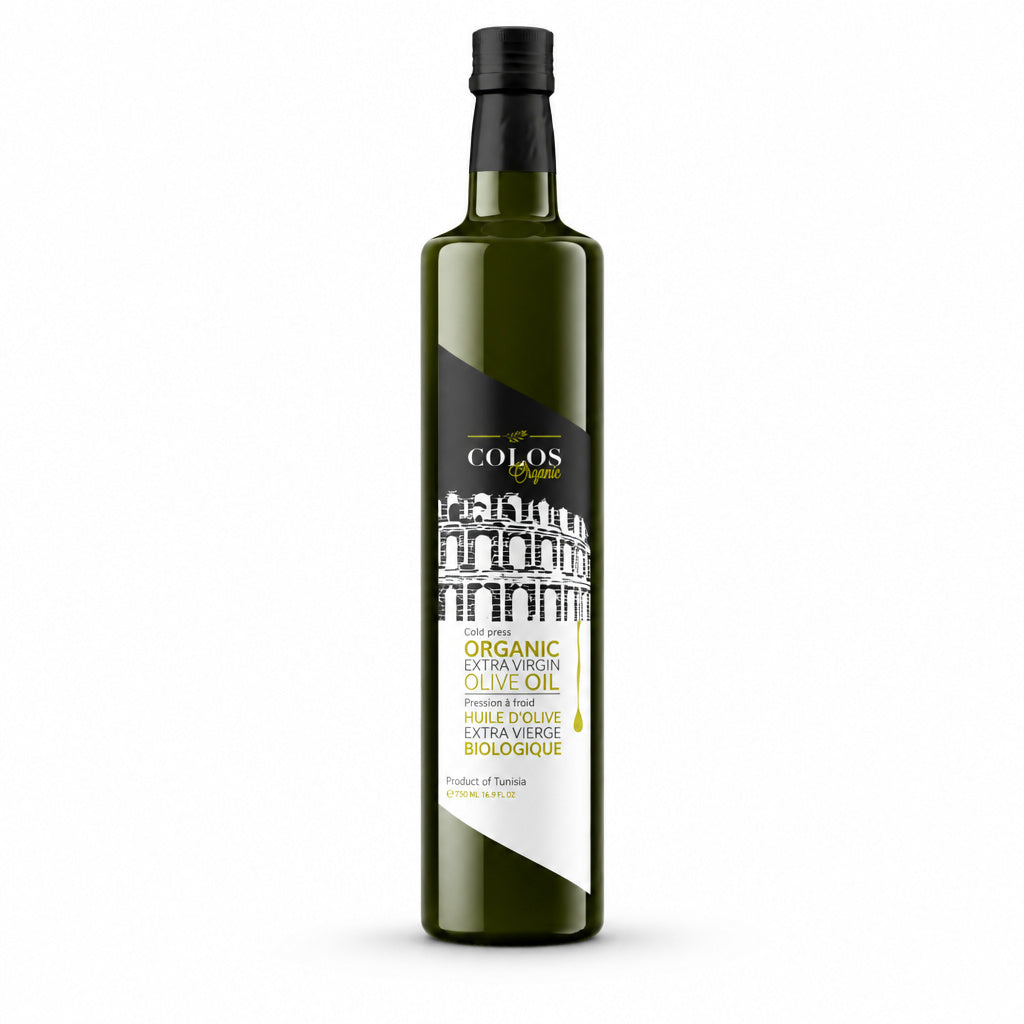 Transform the uploaded product into a photorealistic, high-end commercial product photograph for Colos Organic Extra Vir