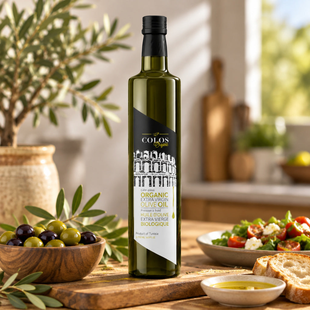 Create a photorealistic, high-end commercial lifestyle photograph for Colos Organic Extra Virgin Olive 750 ML, using the