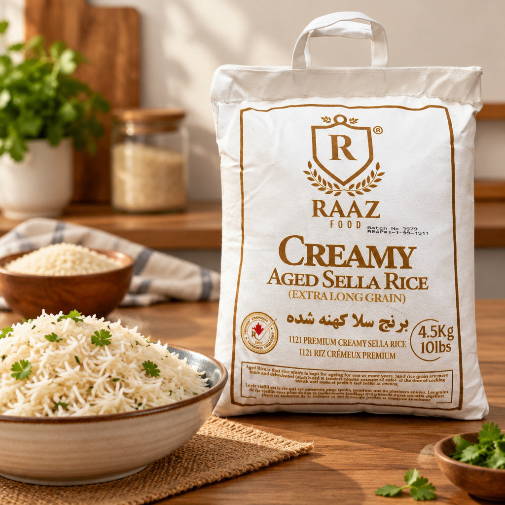 Create a photorealistic, high-end commercial lifestyle photograph for Raaz Creamy Aged Sella Rice 10lb, using the upload