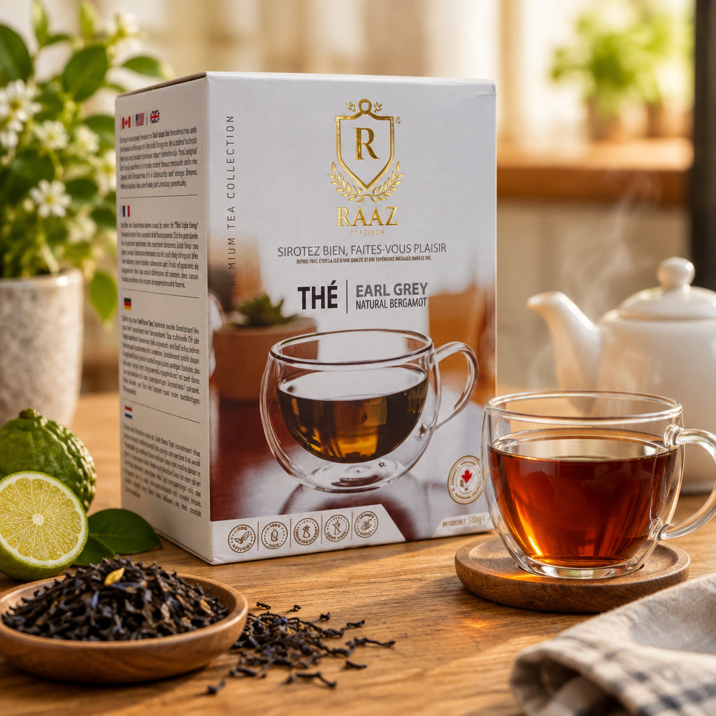 Create a photorealistic, high-end commercial lifestyle photograph for Raaz Loose Tea 500g Earl Grey, using the uploaded