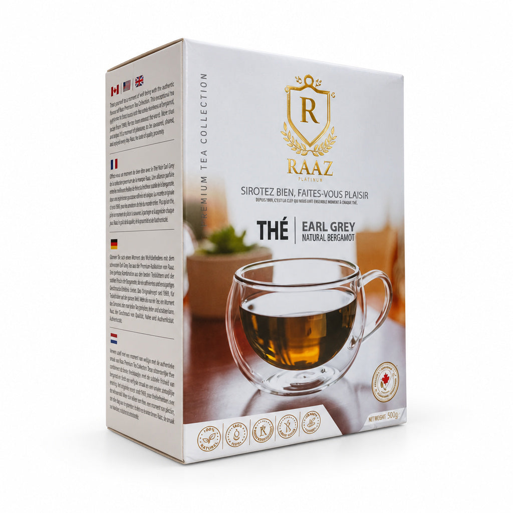 Transform the uploaded product into a photorealistic, high-end commercial product photograph for Raaz Loose Tea 500g Ear
