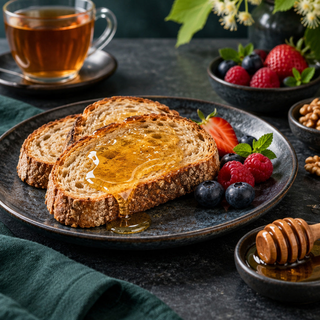 Create a photorealistic, high-end commercial food photograph for NR2-LINDEN HONEY 500g, showing ONLY an appetizing, read