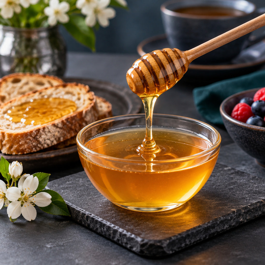 Create a photorealistic, high-end commercial food photograph for NR5-BLOSSOM 500g, showing ONLY an appetizing, ready-to-