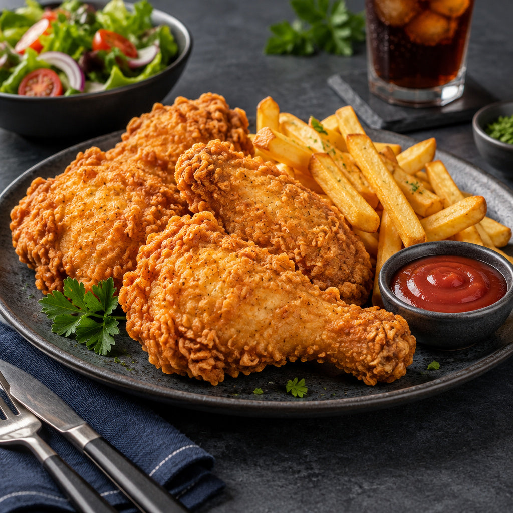 Create a photorealistic, high-end commercial food photograph for High Performance Frying Oil 16Lt, showing ONLY an appet