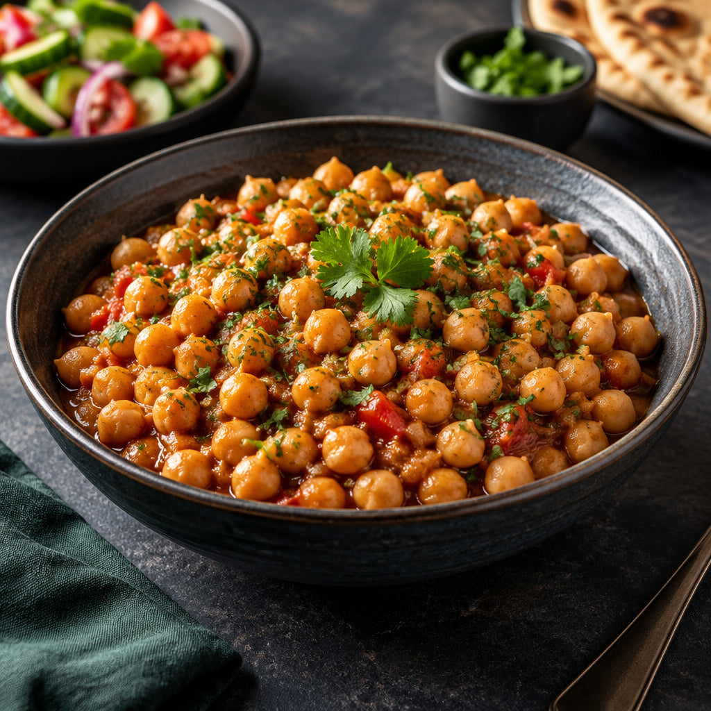 Create a photorealistic, high-end commercial food photograph for Raaz Canadian chickpeas, showing ONLY an appetizing, re
