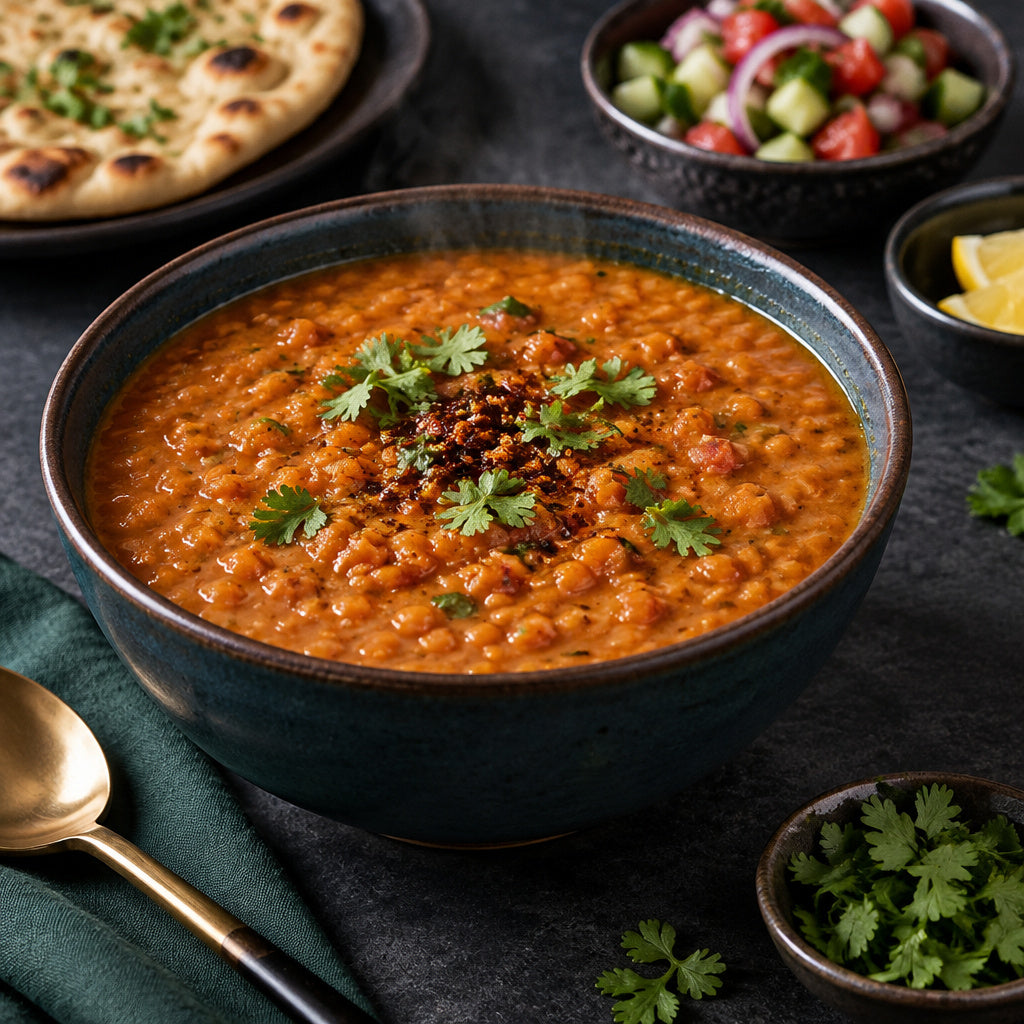 Create a photorealistic, high-end commercial food photograph for Raaz red lentils, showing ONLY an appetizing, ready-to-