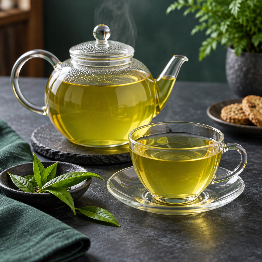 Create a photorealistic, high-end commercial food photograph for Raaz Loose Tea 500g Green Tea, showing ONLY an appetizi