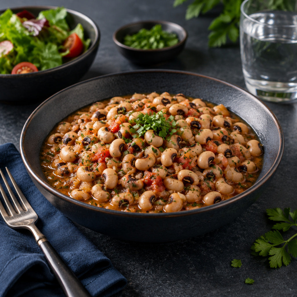 Create a photorealistic, high-end commercial food photograph for Raaz black-eyed beans, showing ONLY an appetizing, read