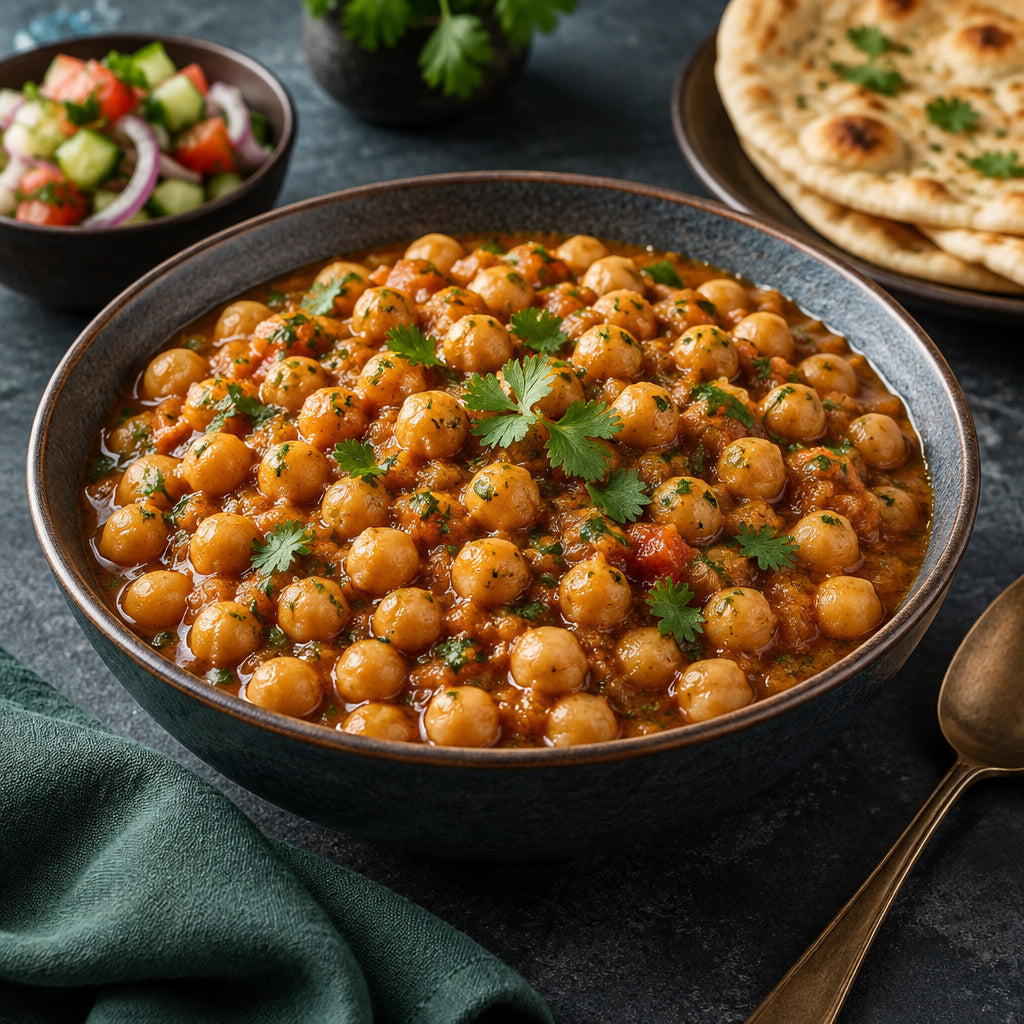 Create a photorealistic, high-end commercial food photograph for Raaz Chickpeas 2lbs, showing ONLY an appetizing, ready-