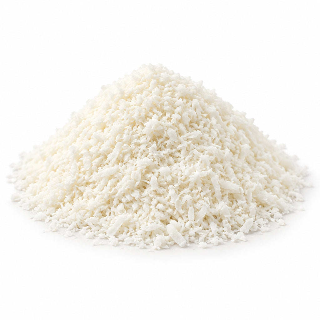 Create a photorealistic, high-end commercial product photograph of the uploaded Coconut Fine Ground - Unsweetened, rende