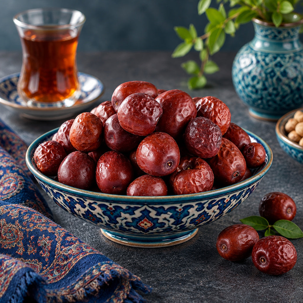 Create a photorealistic, high-end commercial food photograph for Tavazo Jujube, based on the uploaded product image.

RE