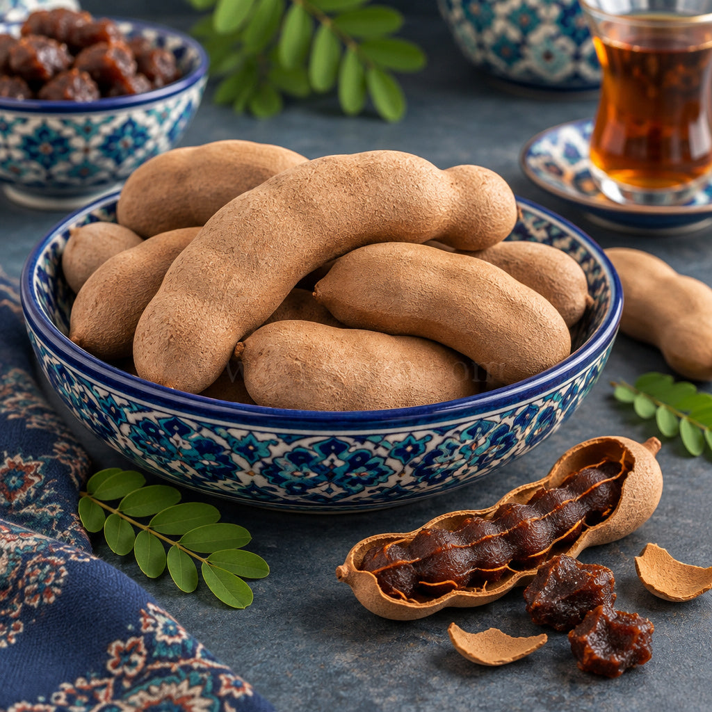 Create a photorealistic, high-end commercial food photograph for Tamarind Fruit in Shell, based on the uploaded product