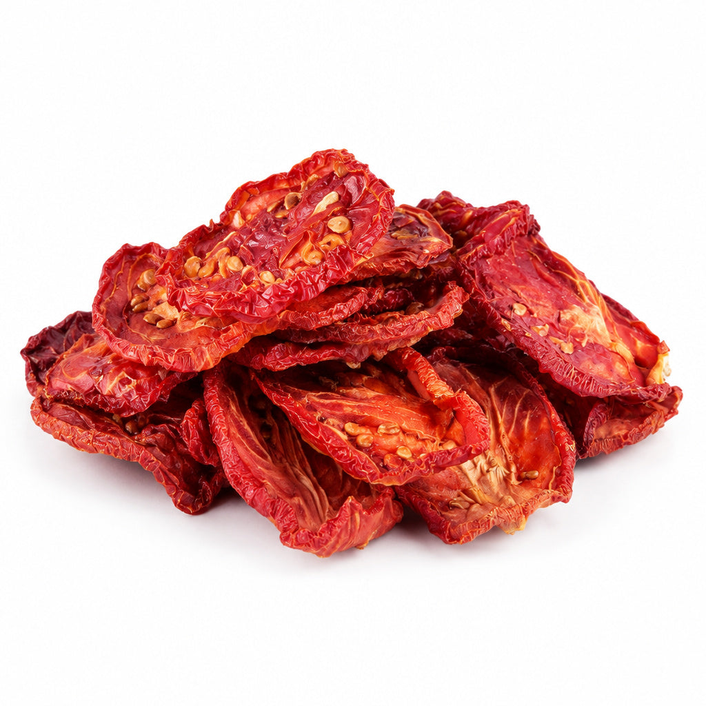 Create a photorealistic, high-end commercial product photograph of the uploaded Sun Dried Tomato (Natural), rendered fro