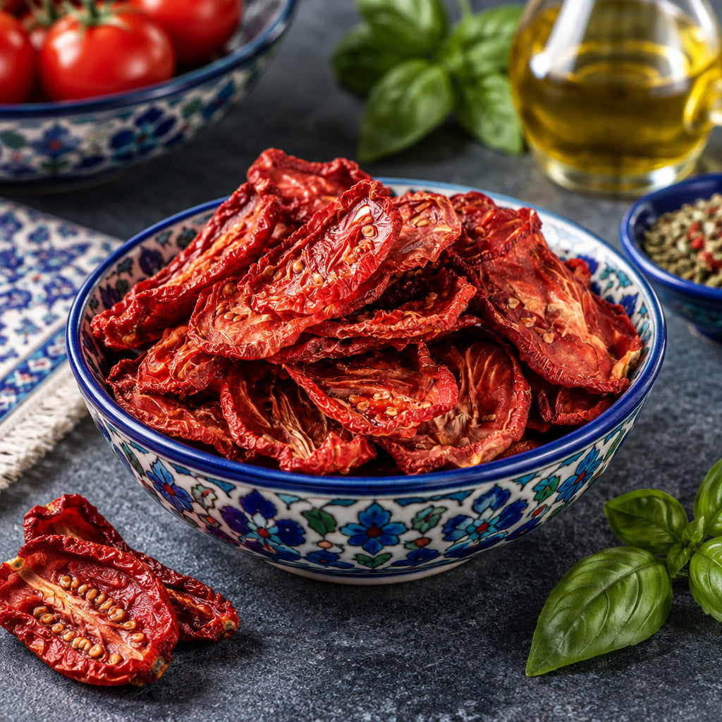 Create a photorealistic, high-end commercial food photograph for Sun Dried Tomato (Natural), based on the uploaded produ