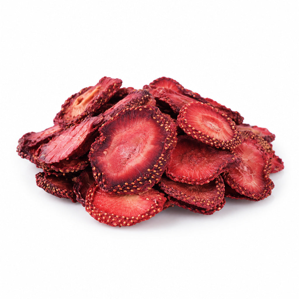 Create a photorealistic, high-end commercial product photograph of the uploaded Strawberry (Natural), rendered from a vi