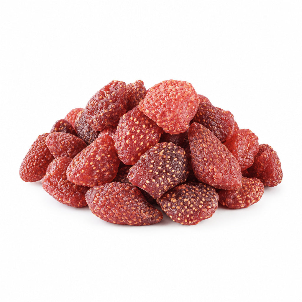 Create a photorealistic, high-end commercial product photograph of the uploaded Strawberry (California), rendered from a