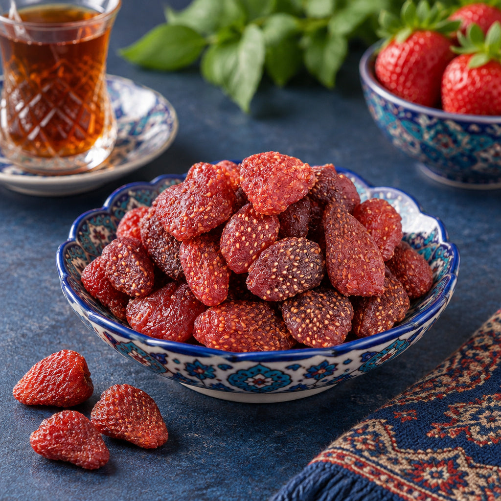 Create a photorealistic, high-end commercial food photograph for Strawberry (California), based on the uploaded product