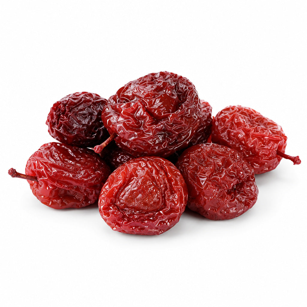 Create a photorealistic, high-end commercial product photograph of the uploaded Sour Plum, rendered from a visibly diffe