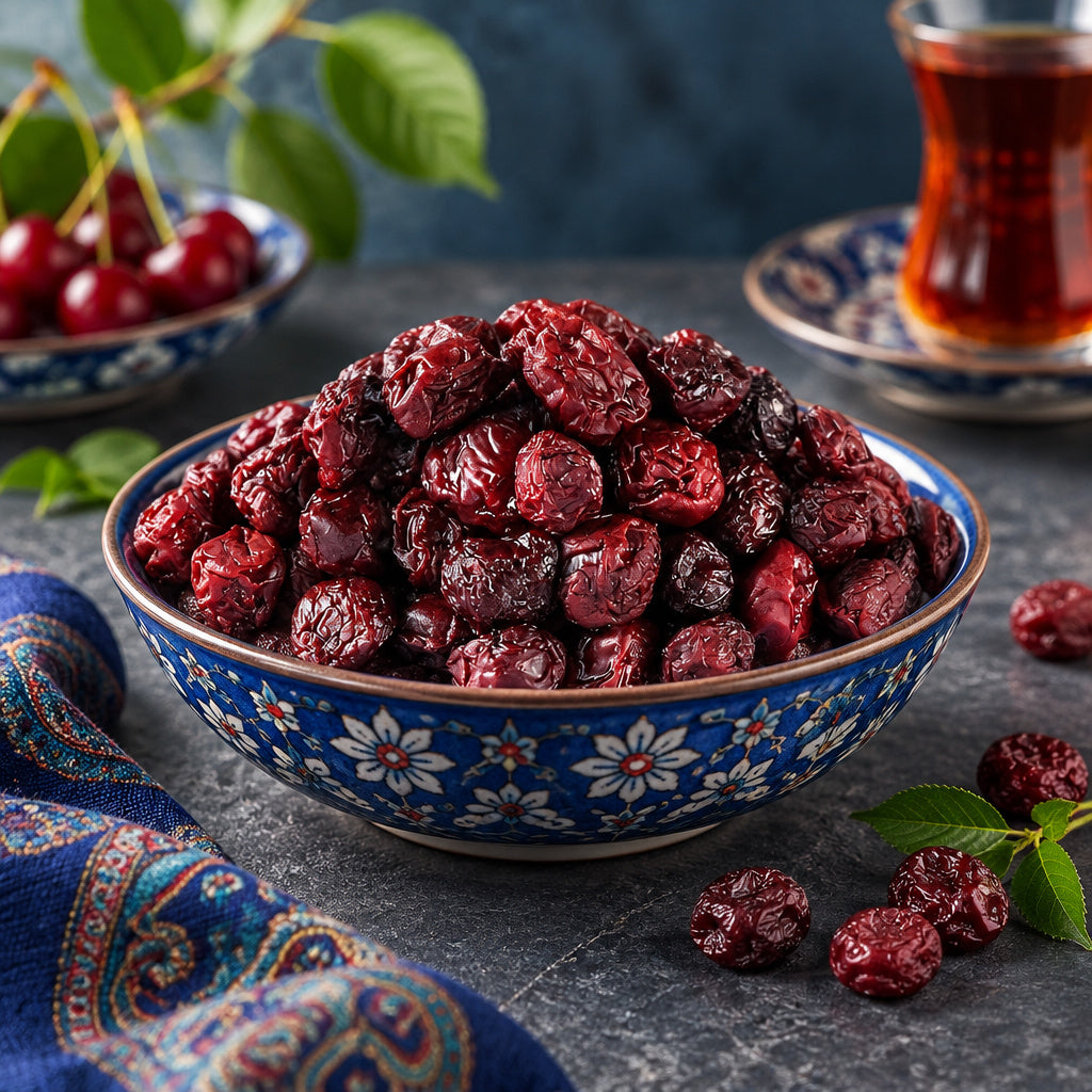 Create a photorealistic, high-end commercial food photograph for Red Sour Cherry, based on the uploaded product image.