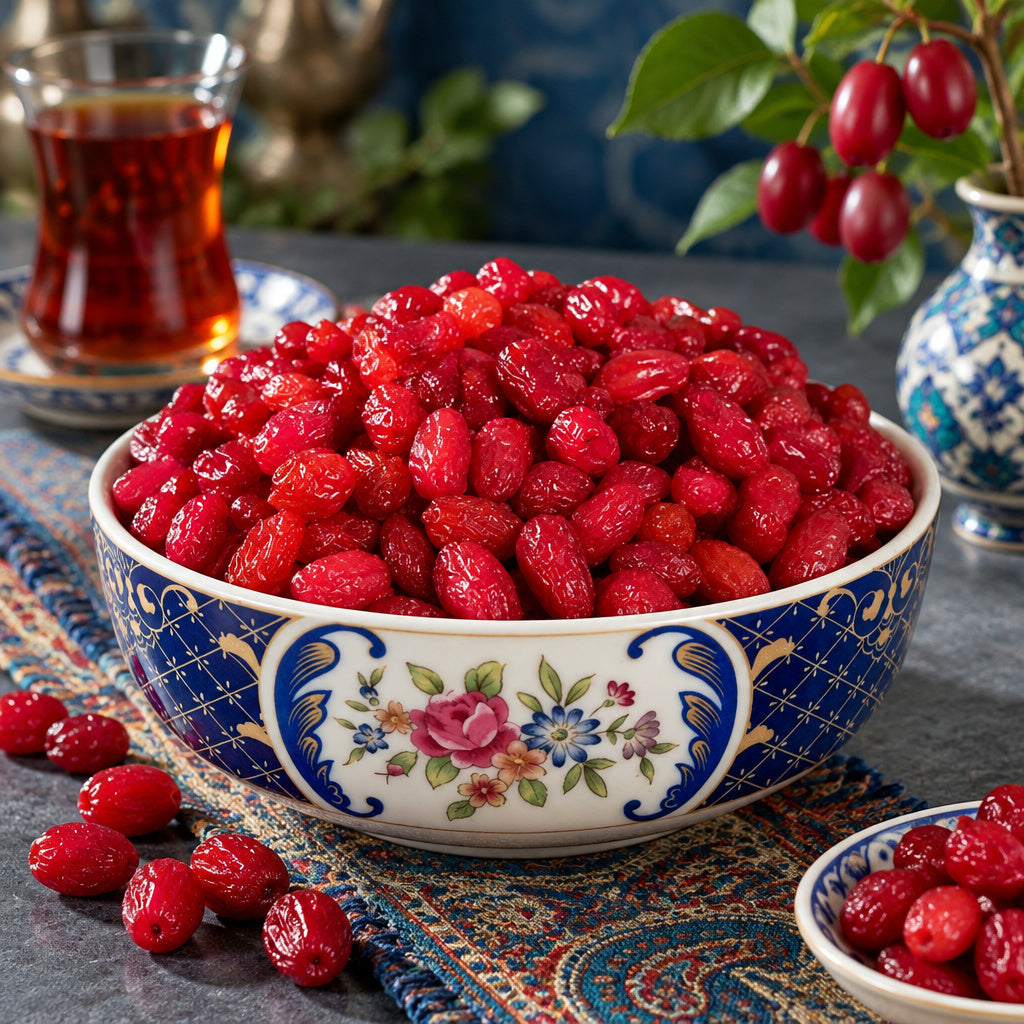 Create a photorealistic, high-end commercial food photograph for Red Half Fresh Cornelian Cherries - Zoghal Akhteh, base