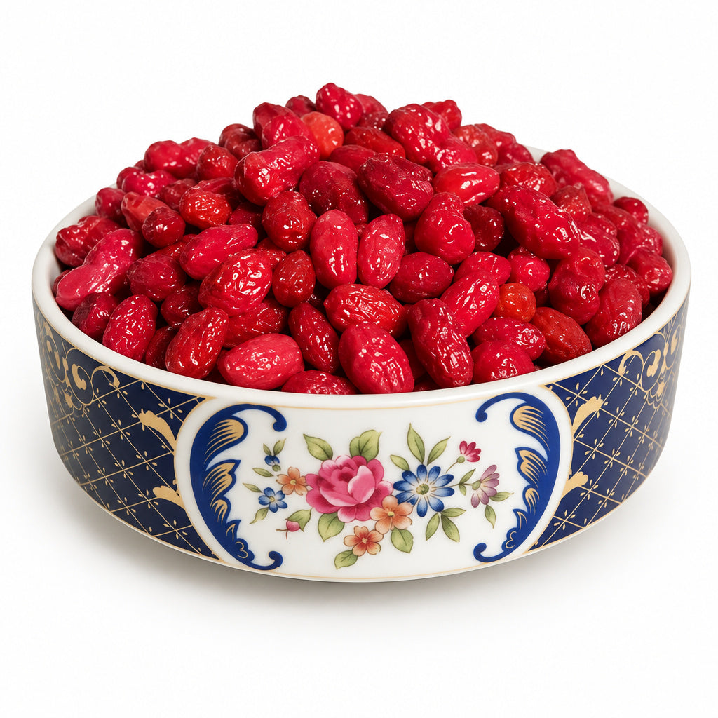 Create a photorealistic, high-end commercial product photograph of the uploaded Red Half Fresh Cornelian Cherries - Zogh
