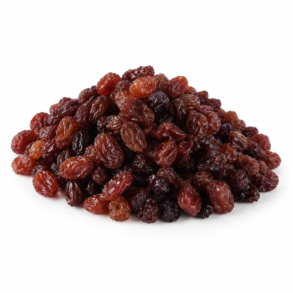 Create a photorealistic, high-end commercial product photograph of the uploaded Raisin (Red), rendered from a visibly di