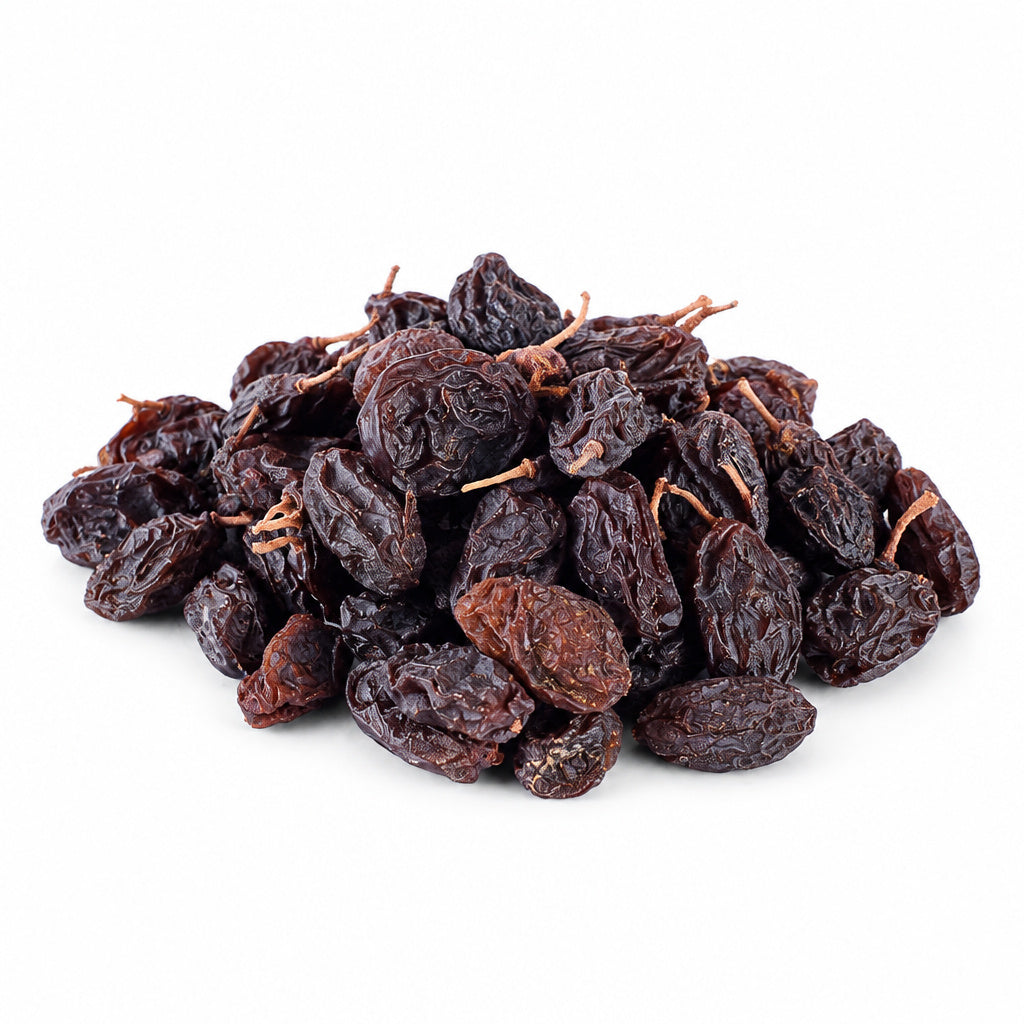 Create a photorealistic, high-end commercial product photograph of the uploaded Raisin (Maviz) with Stem, rendered from