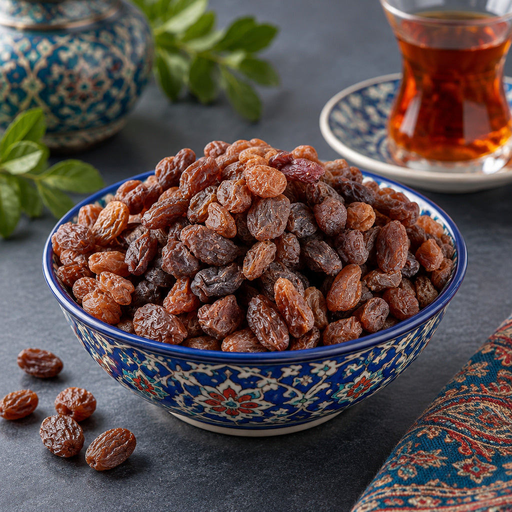 Create a photorealistic, high-end commercial food photograph for Raisin (Malayer), based on the uploaded product image.