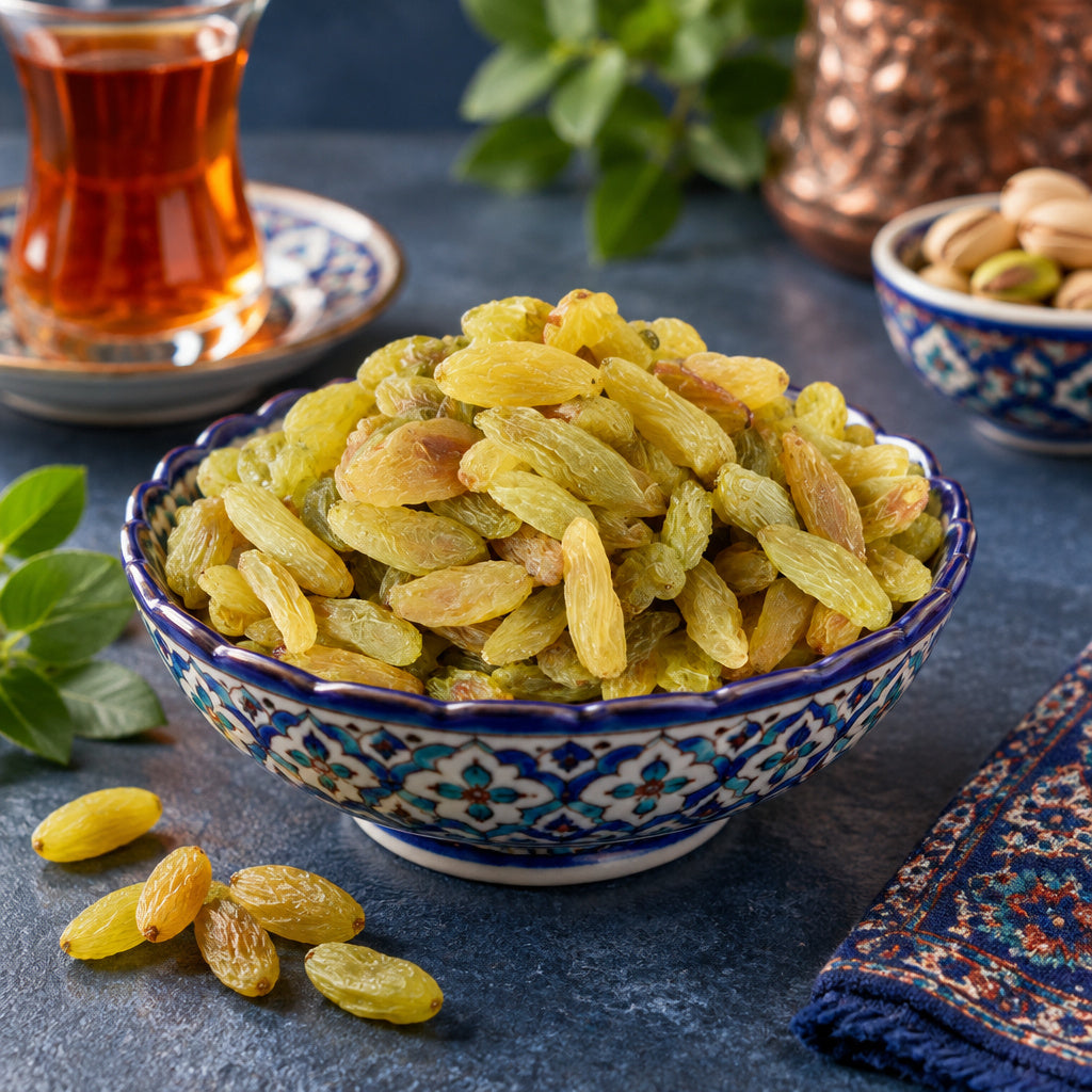 Create a photorealistic, high-end commercial food photograph for Raisin (Green), based on the uploaded product image.

R