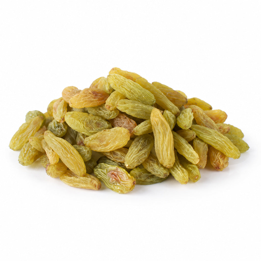 Create a photorealistic, high-end commercial product photograph of the uploaded Raisin (Green), rendered from a visibly