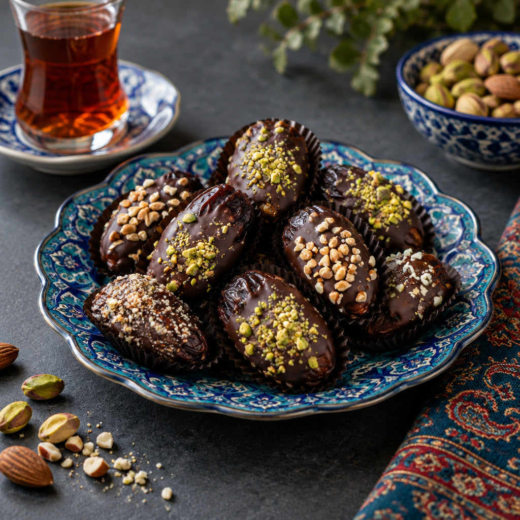Create a photorealistic, high-end commercial food photograph for Chocolate Dipped & Stuffed Dates, based on the uploaded