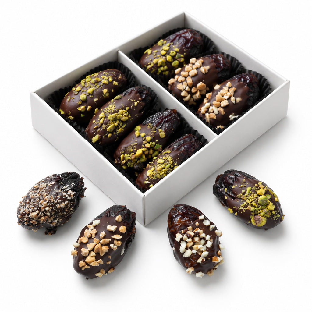 Create a photorealistic, high-end commercial product photograph of the uploaded Chocolate Dipped & Stuffed Dates, render