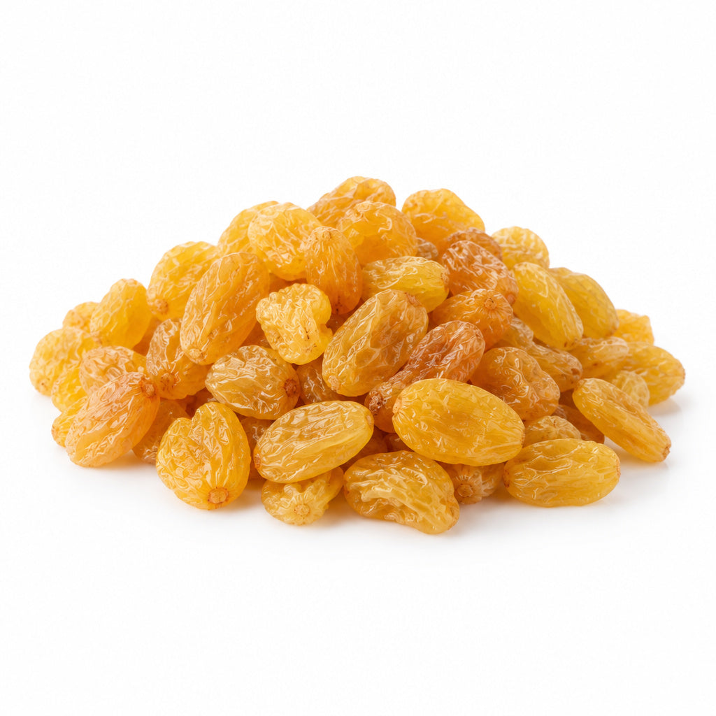 Create a photorealistic, high-end commercial product photograph of the uploaded Raisin (Golden), rendered from a visibly