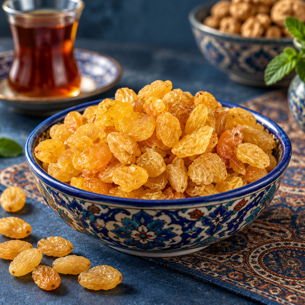 Create a photorealistic, high-end commercial food photograph for Raisin (Golden), based on the uploaded product image.