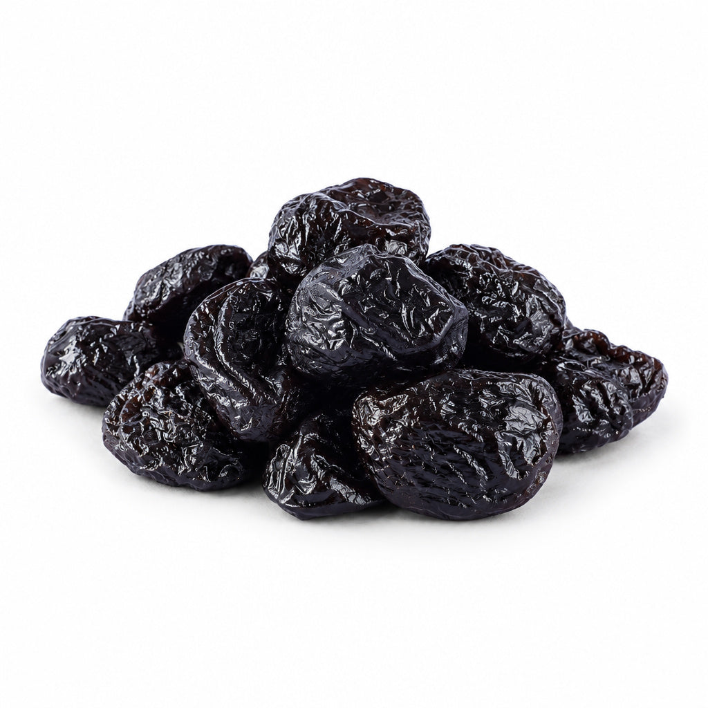 Create a photorealistic, high-end commercial product photograph of the uploaded Prune (California), rendered from a visi