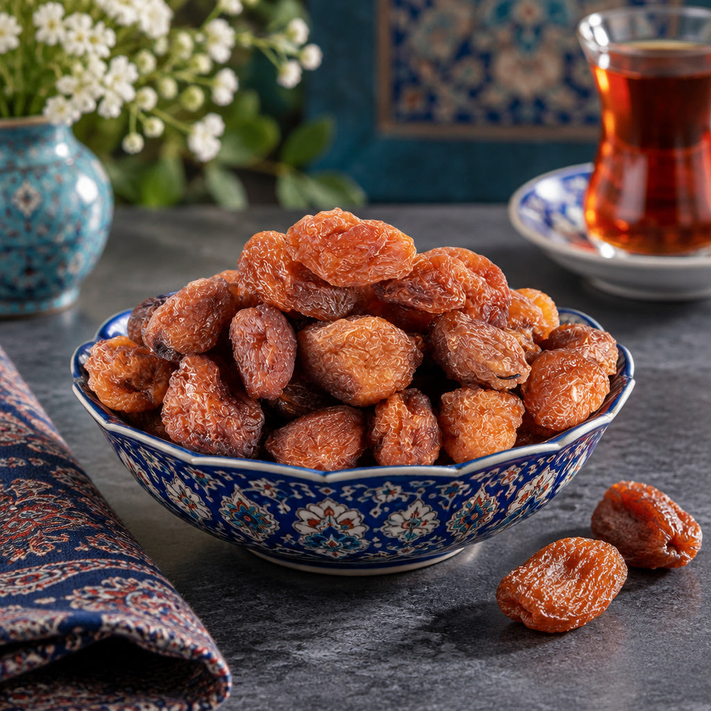 Create a photorealistic, high-end commercial food photograph for Prune (Birjandi), based on the uploaded product image.