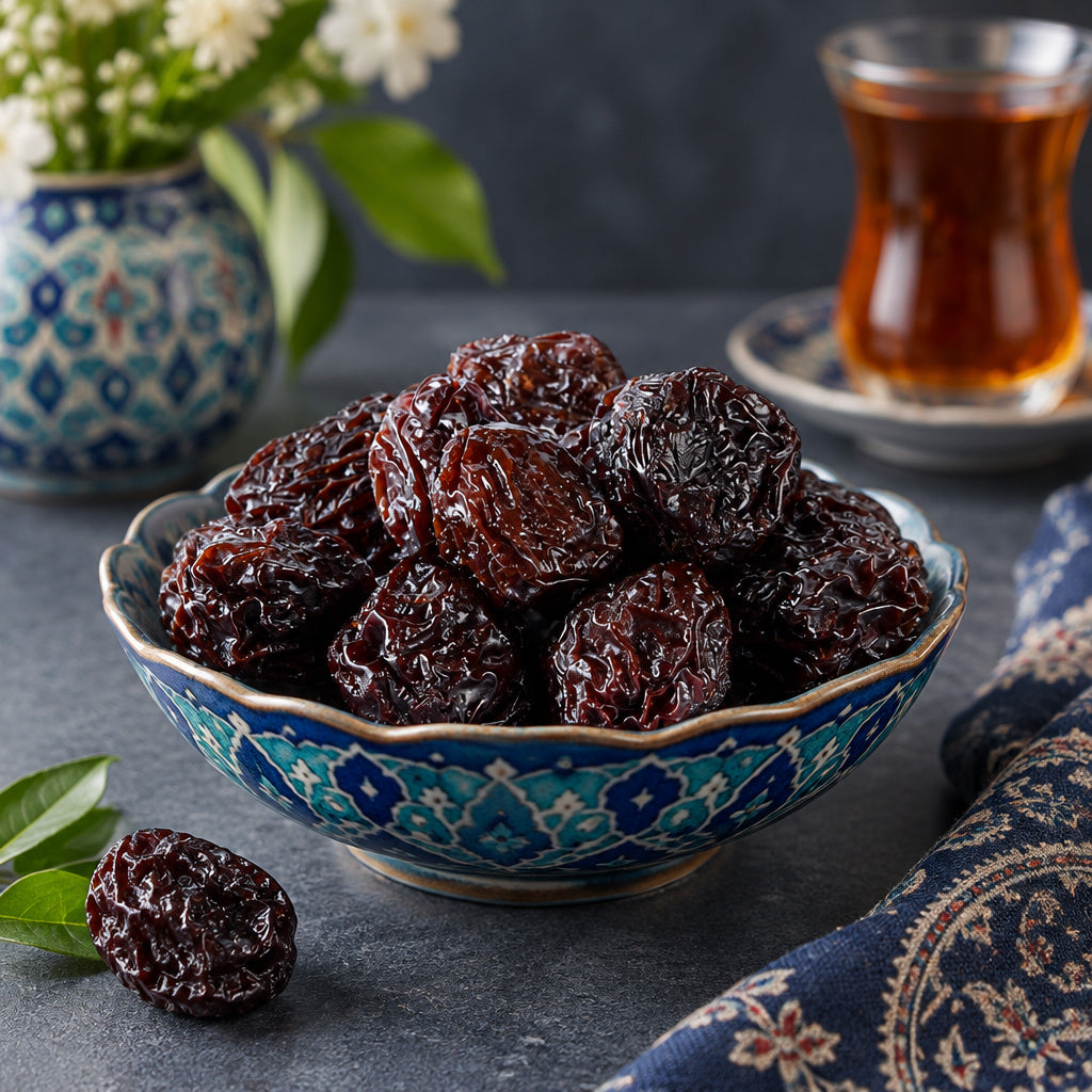 Create a photorealistic, high-end commercial food photograph for Prune (Baraghani), based on the uploaded product image.