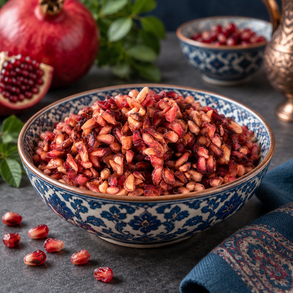 Create a photorealistic, high-end commercial food photograph for Pomegranate Seeds (Natural), based on the uploaded prod