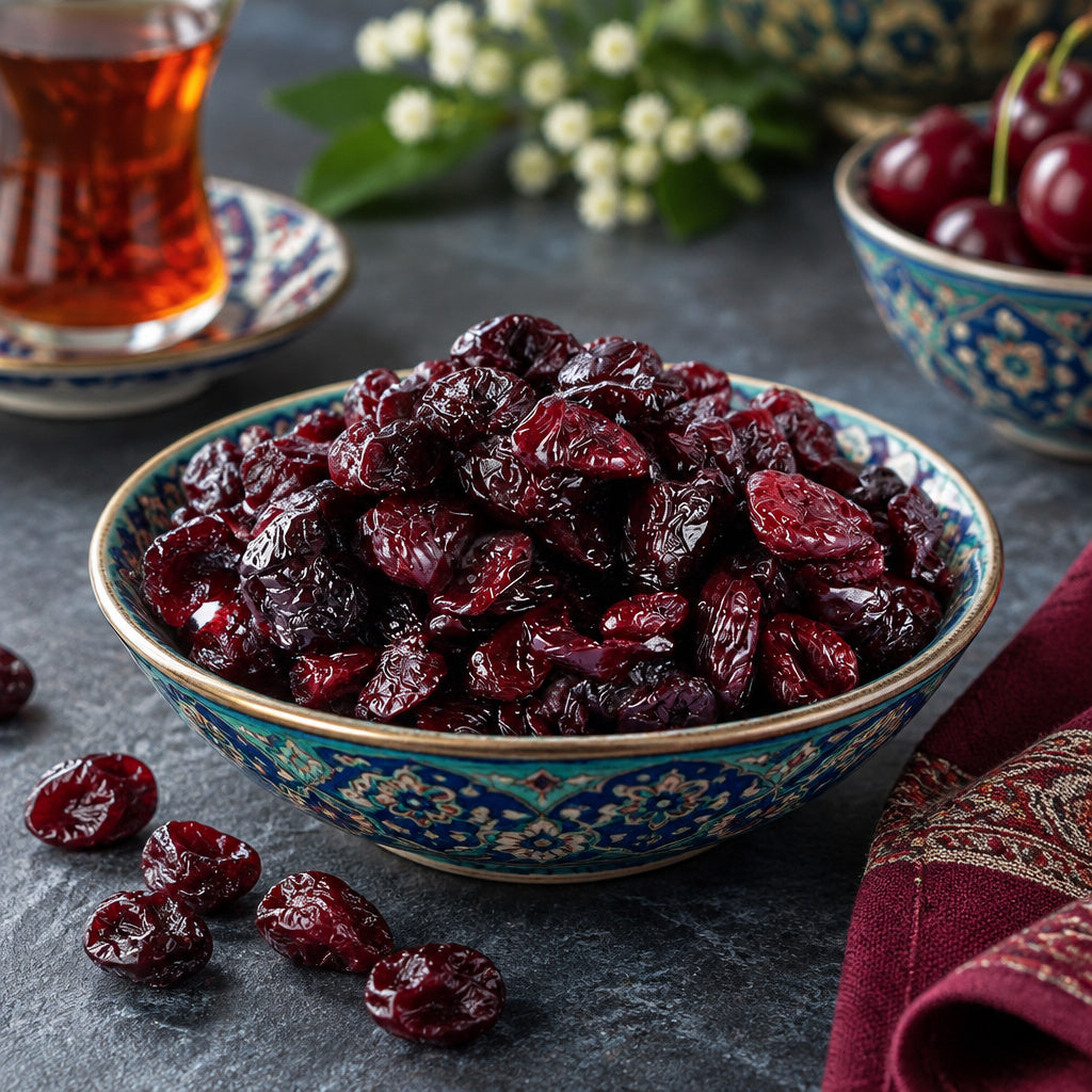 Create a photorealistic, high-end commercial food photograph for Pitted Sour Cherries, based on the uploaded product ima