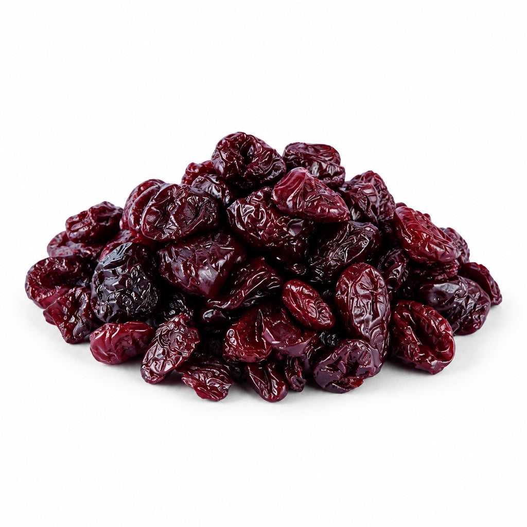 Create a photorealistic, high-end commercial product photograph of the uploaded Pitted Sour Cherries, rendered from a vi