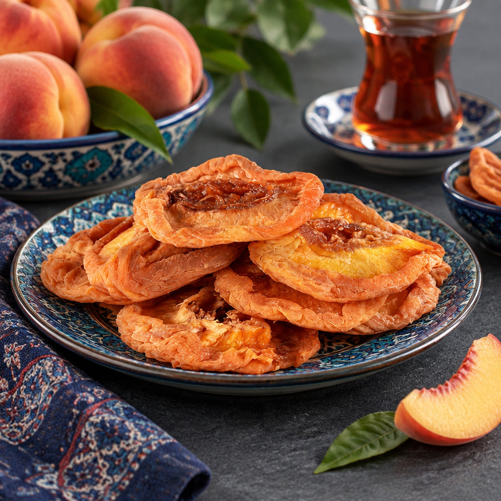 Create a photorealistic, high-end commercial food photograph for Peach (California), based on the uploaded product image