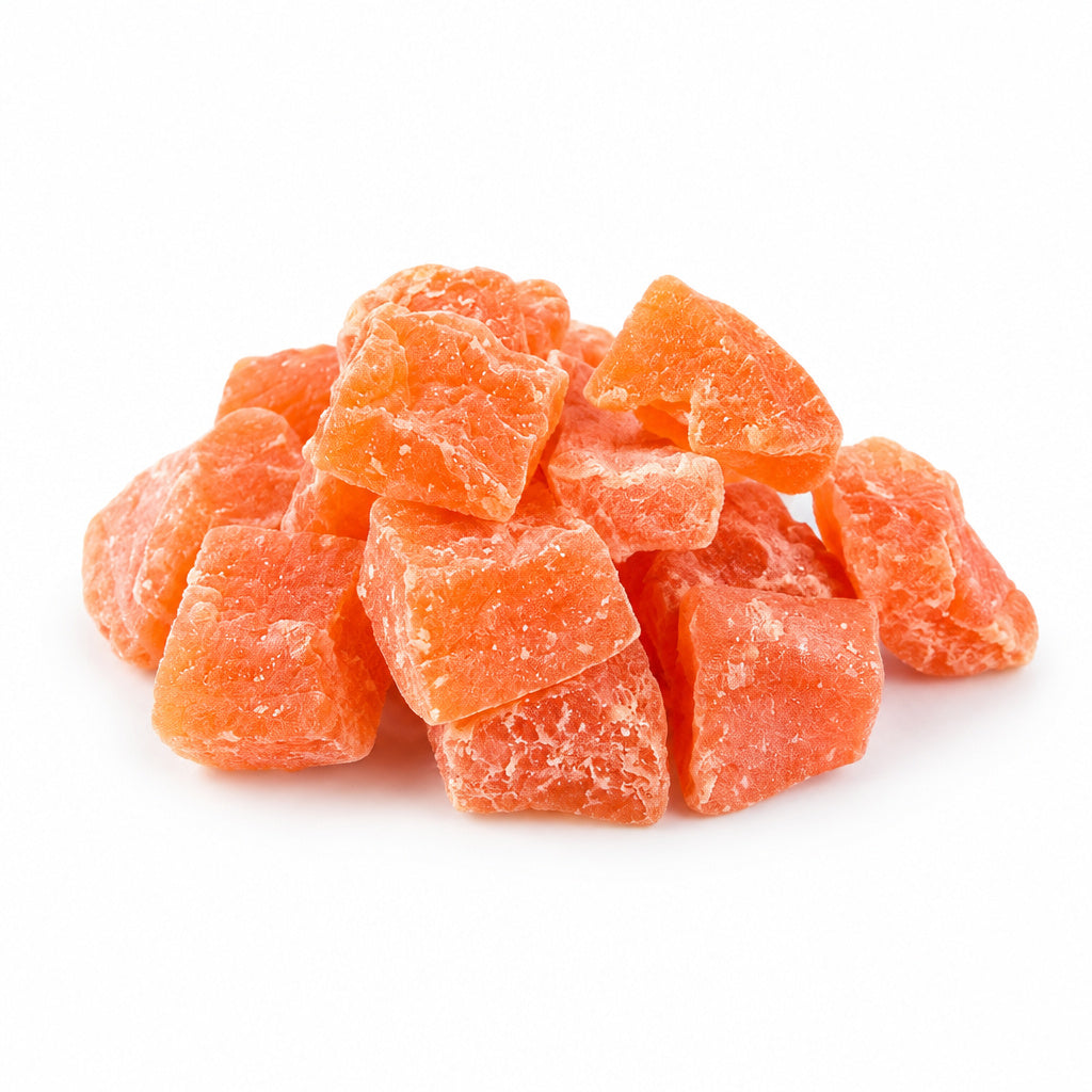 Create a photorealistic, high-end commercial product photograph of the uploaded Papaya Chunks (California), rendered fro