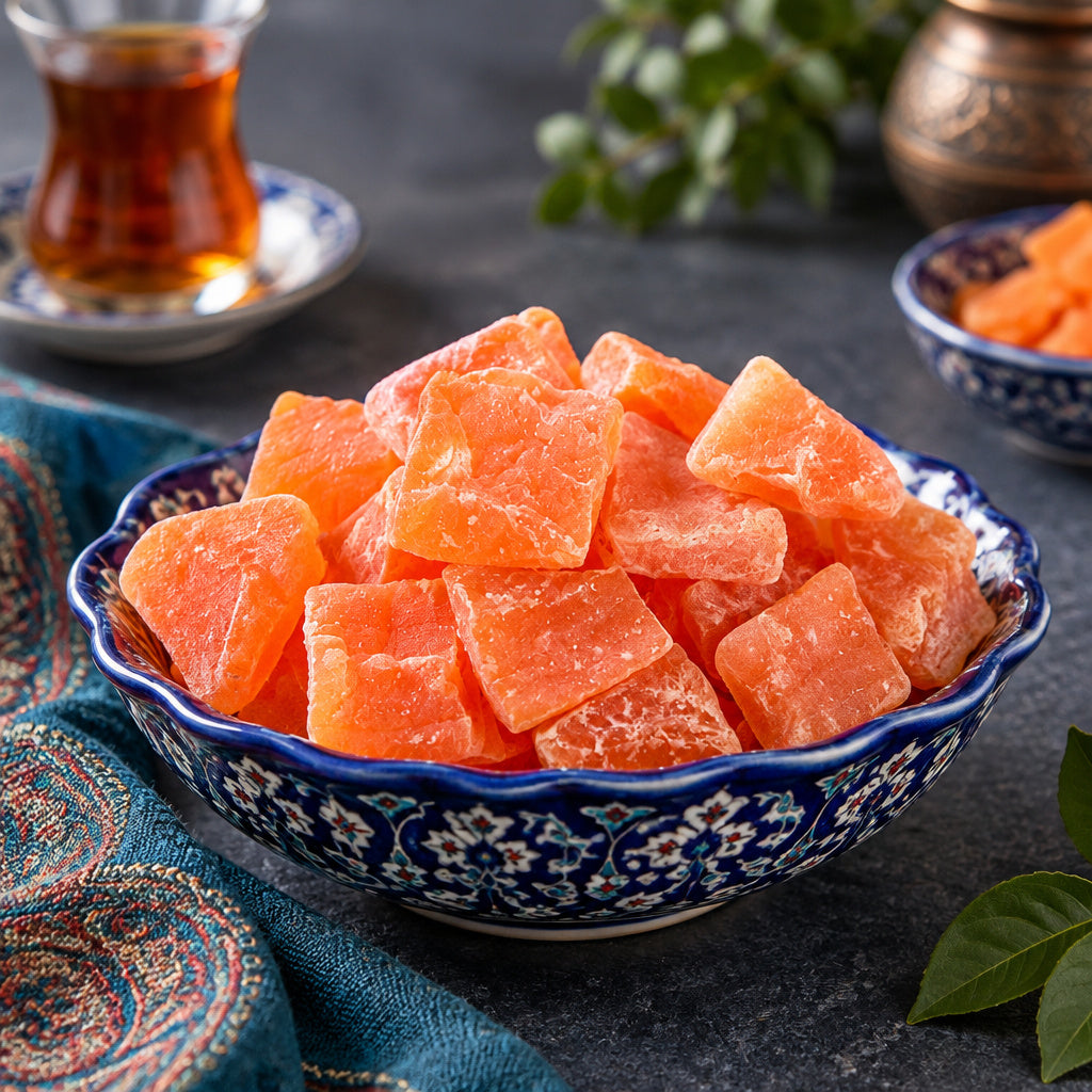 Create a photorealistic, high-end commercial food photograph for Papaya Chunks (California), based on the uploaded produ