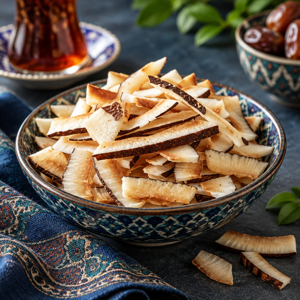 Create a photorealistic, high-end commercial food photograph for Organic Toasted Coconut Slices (Natural), based on the