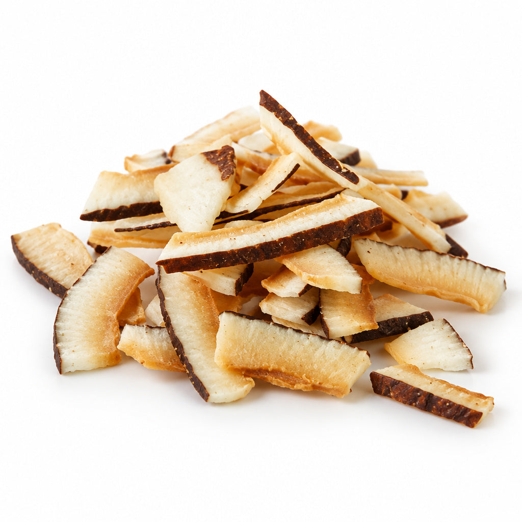 Create a photorealistic, high-end commercial product photograph of the uploaded Organic Toasted Coconut Slices (Natural)