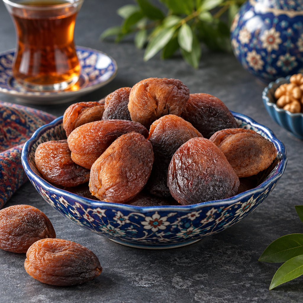 Create a photorealistic, high-end commercial food photograph for Organic Sun Dried Whole Apricots with Pit, based on the